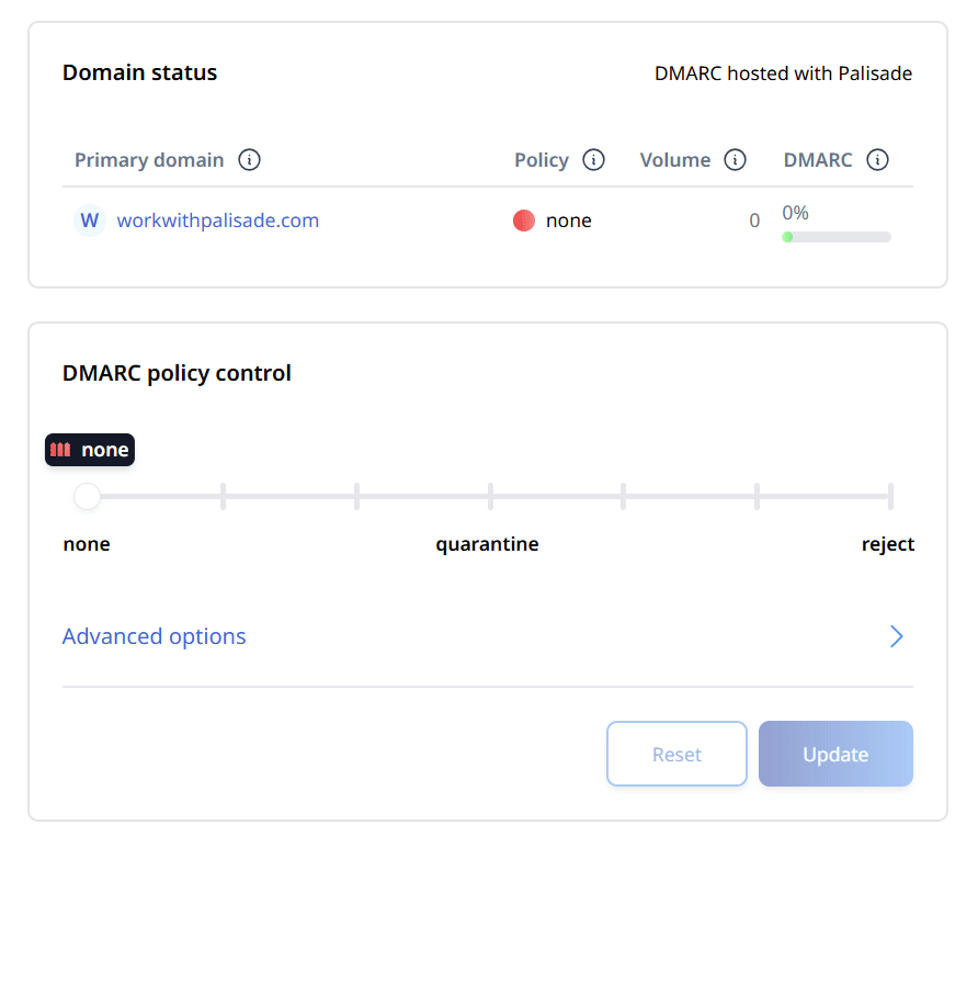 Quick example of how you can easily increase the enforcement of your DMARC policy with Palisade