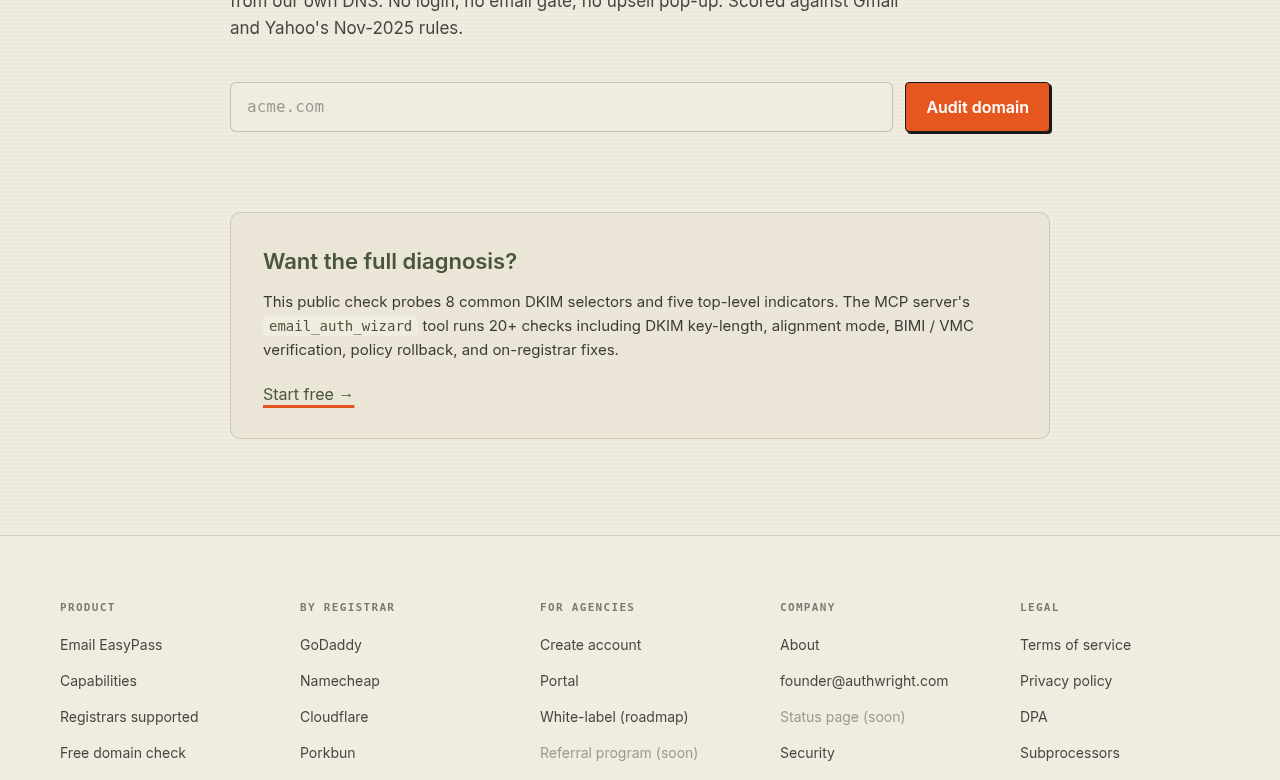 Authwright's public domain-check page: a single domain field and Audit domain button, above a note that the free check probes 8 DKIM selectors while the MCP server's email_auth_wizard runs 20+ checks