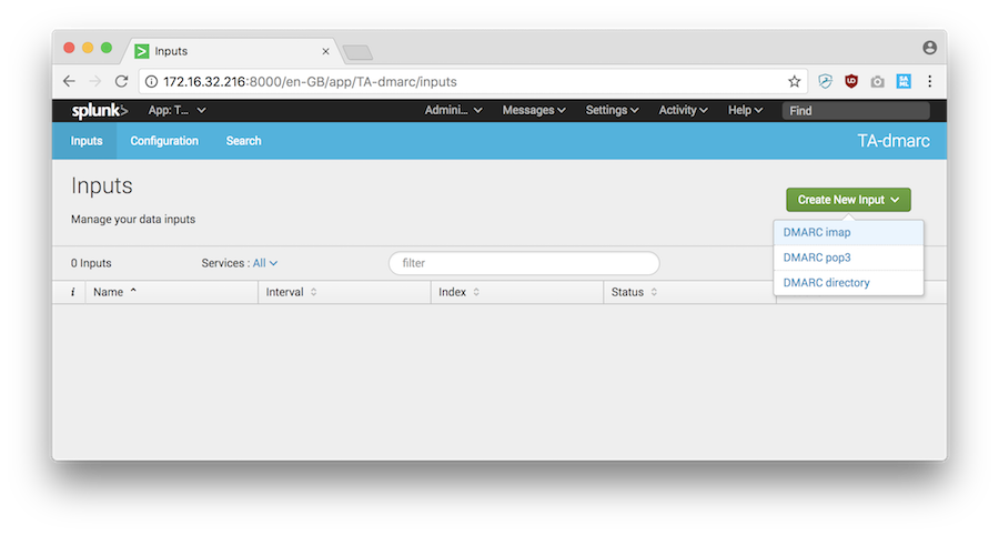 Splunk TA-DMARC Inputs page showing an empty input list and the Create New Input menu with DMARC IMAP, DMARC POP3, and DMARC directory options