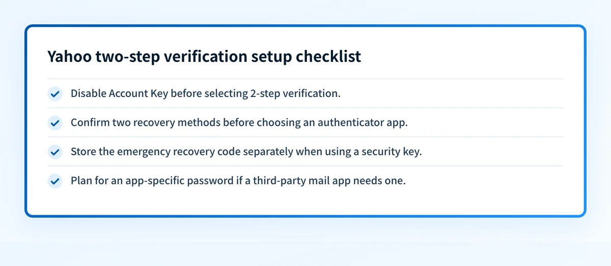 Yahoo two-step verification setup decision checklist