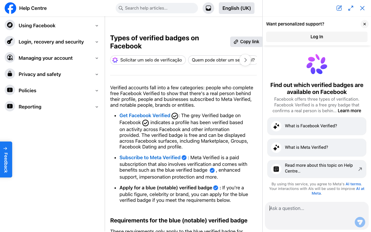 Facebook Help Centre page listing Facebook Verified, Meta Verified, and the notable blue verified badge.