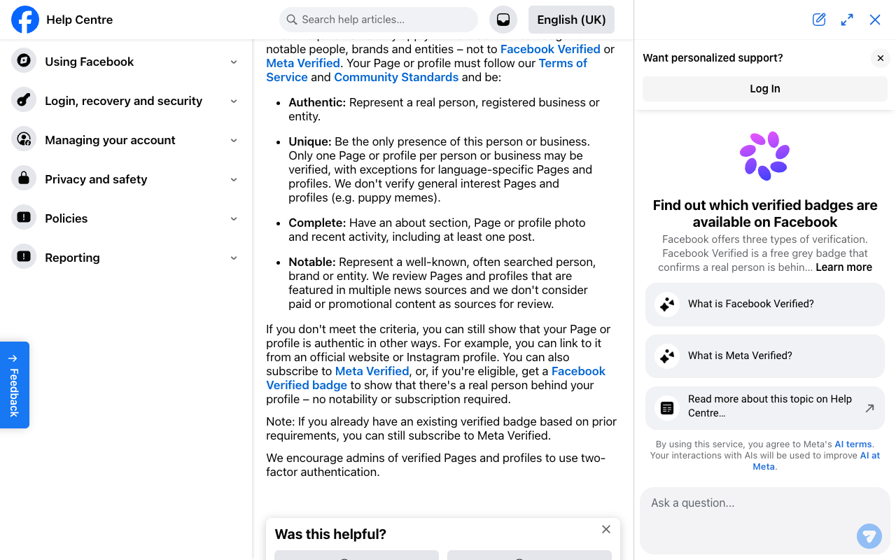 Facebook Help Centre requirements for an authentic, unique, complete, and notable account.