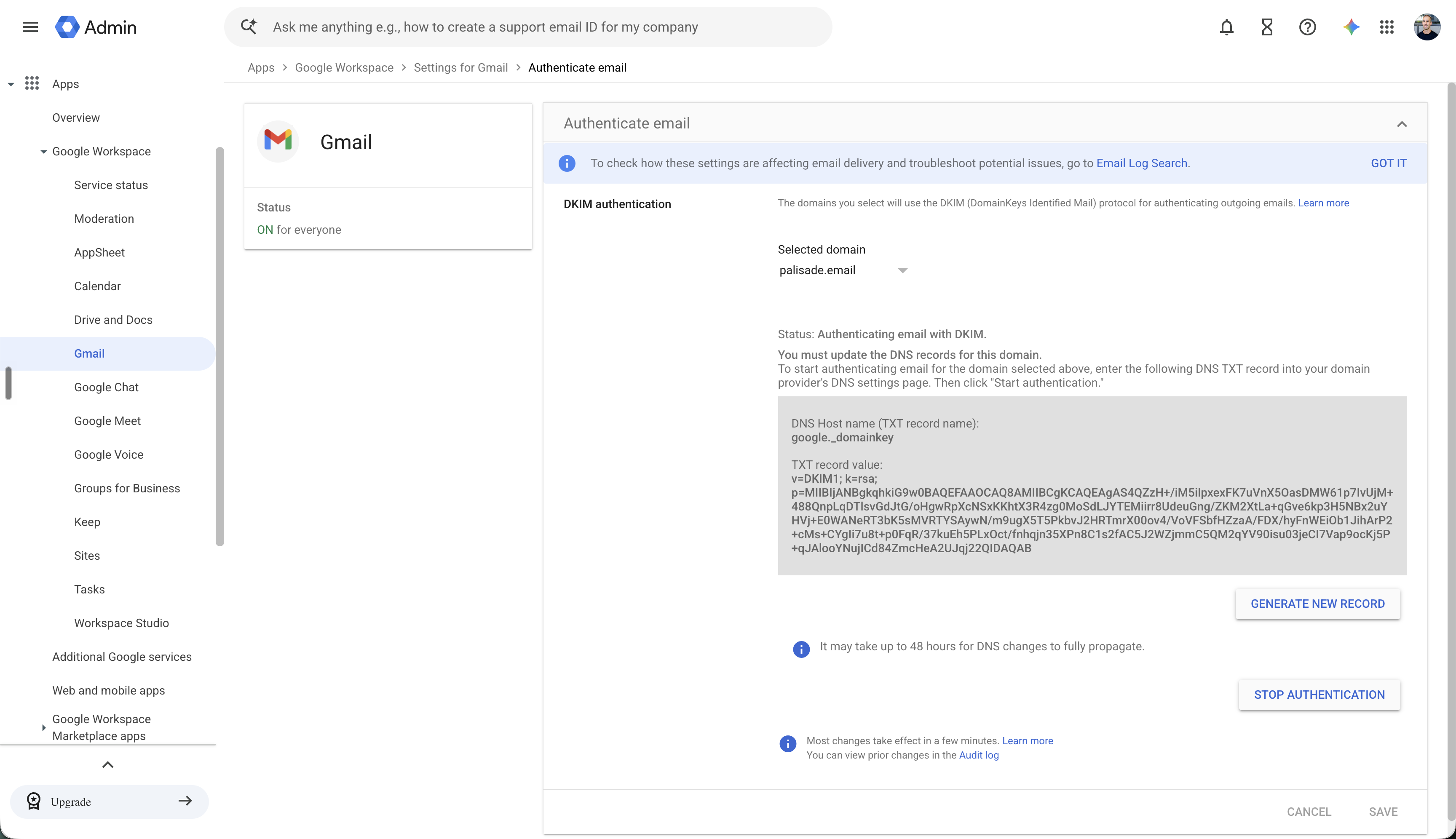 Google Admin Authenticate email panel with a selected domain, DKIM status, DNS host name, and TXT record value.
