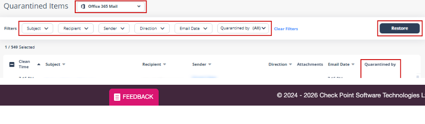 Check Point documentation capture of Avanan's quarantined-items view with message filters and a restore action