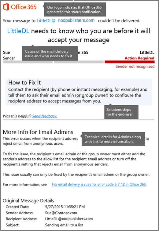 Microsoft example of an Exchange Online non-delivery report showing delivery failure details