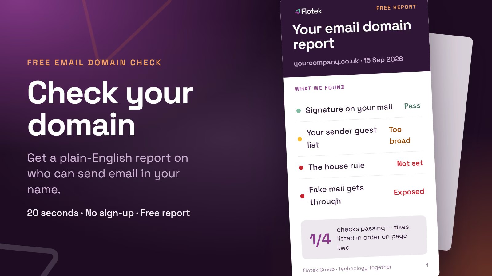Flotek's free domain check artwork: "Check your domain" beside a sample email domain report listing what was found