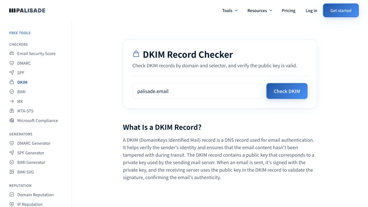 Palisade DKIM Record Checker input with palisade.email entered in the domain field.