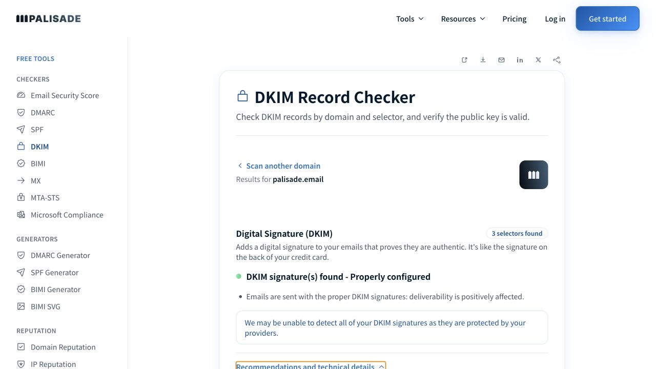 Palisade DKIM Record Checker result for palisade.email showing three selectors and a properly configured state.