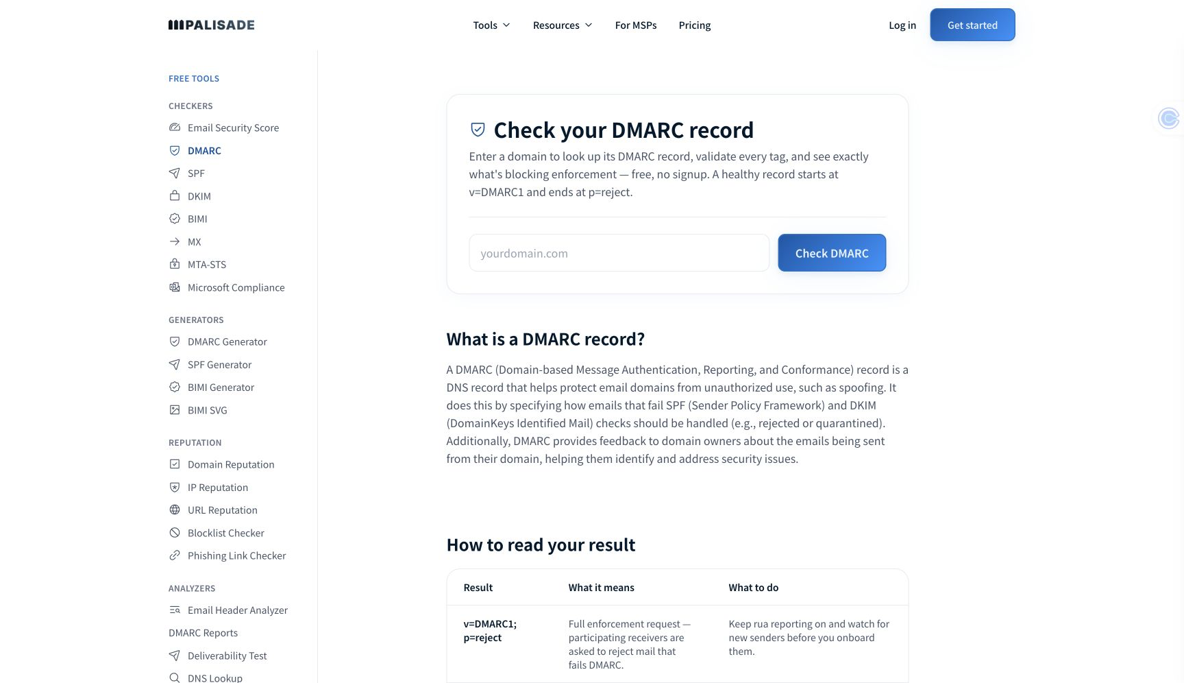 Palisade DMARC checker showing a public DNS record check