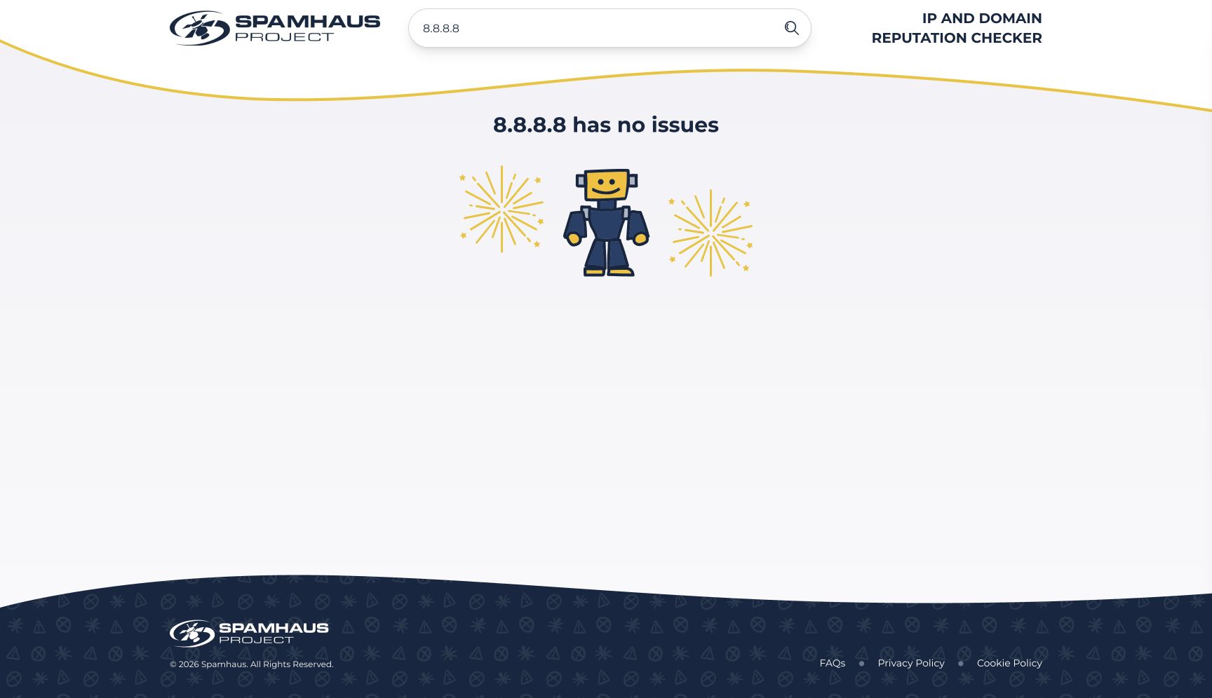 Spamhaus IP and Domain Reputation Checker showing that the public IP 8.8.8.8 has no issues.