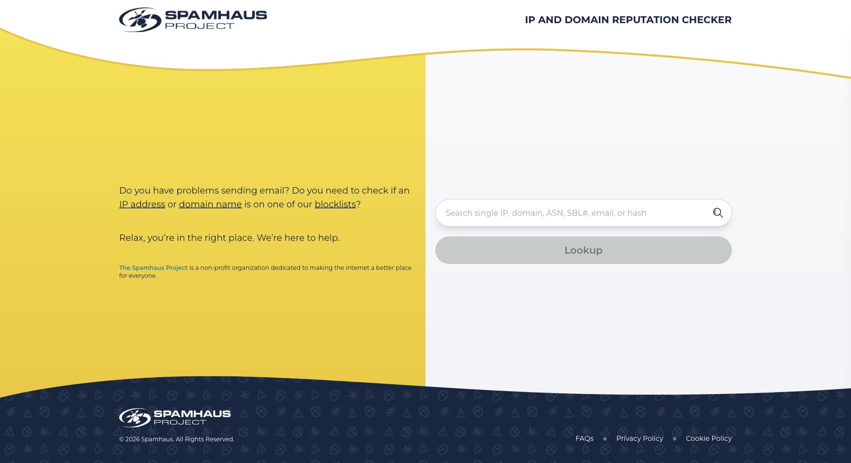 Spamhaus IP and Domain Reputation Checker input for a single IP, domain, ASN, SBL number, email address, or hash.