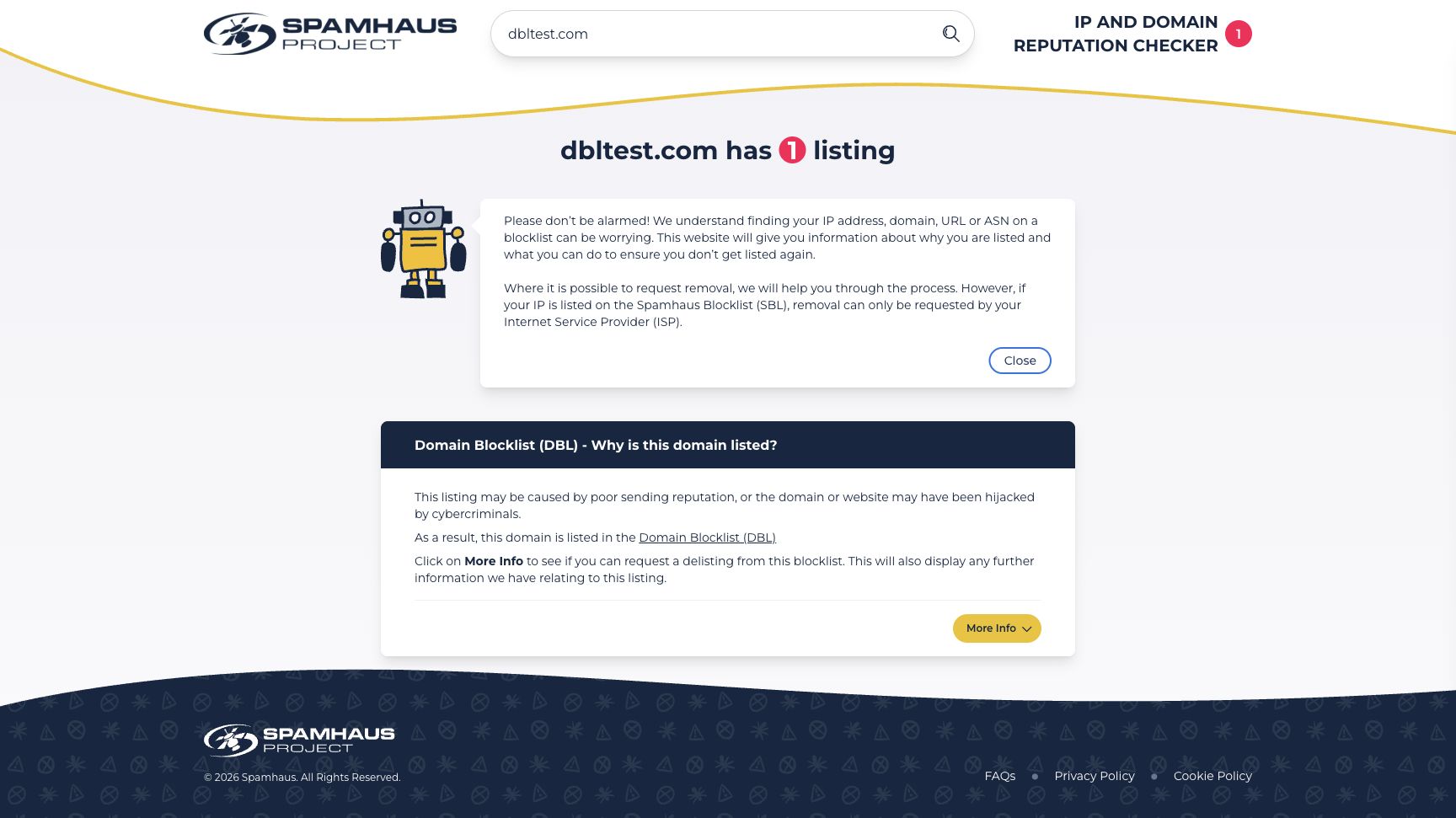 Spamhaus Checker showing the official dbltest.com test domain with one DBL listing and the SBL ISP ownership warning.