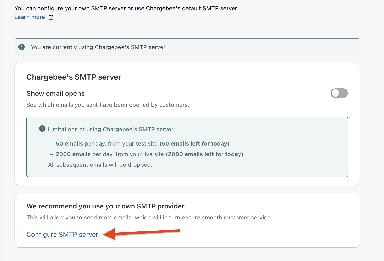 Chargebee Email Notifications settings showing the Configure SMTP control used to connect a custom SMTP provider