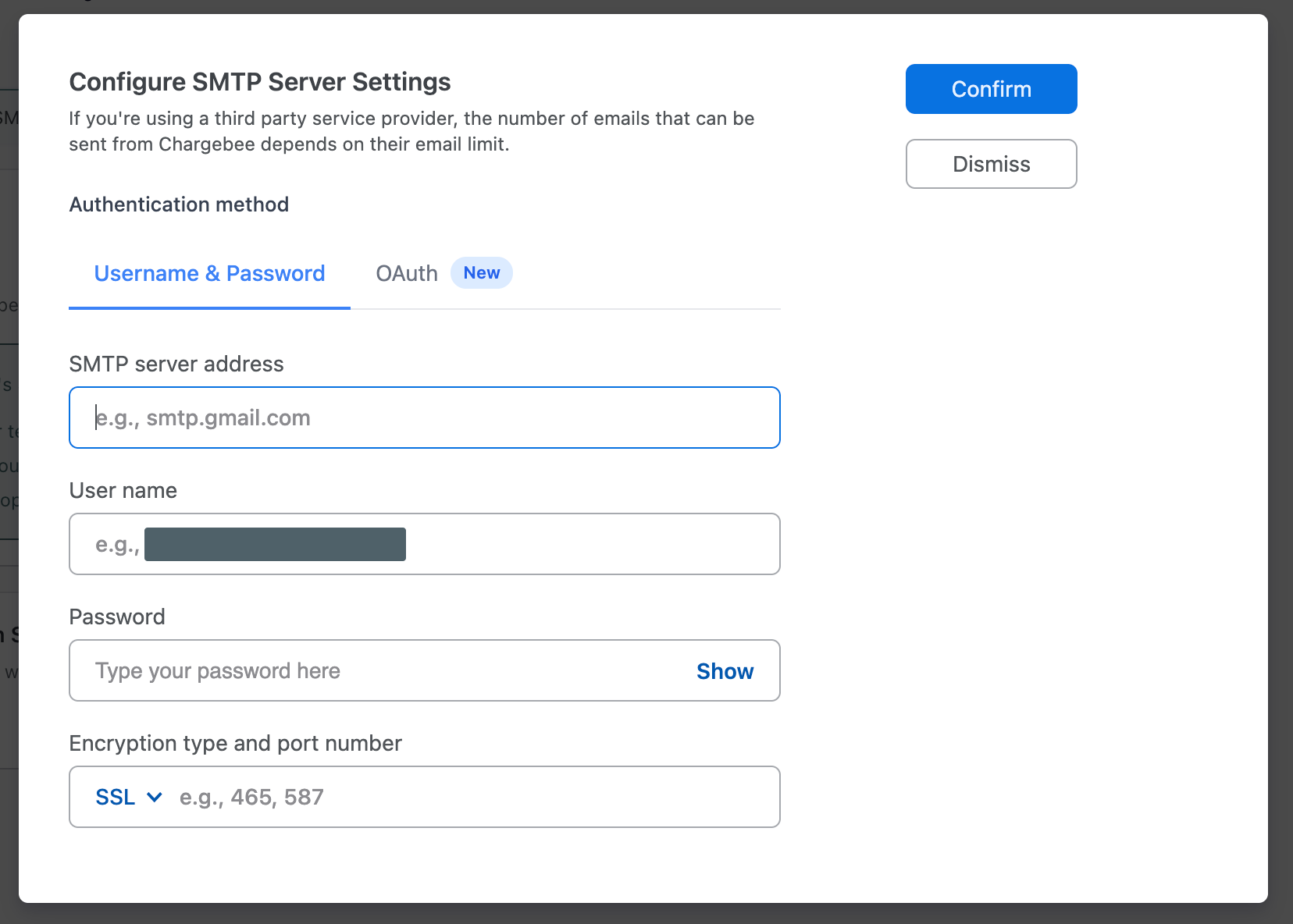 Chargebee custom SMTP form showing server, credentials, encryption, and port fields