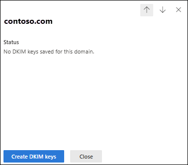 Microsoft Defender custom-domain DKIM flyout with the No DKIM keys status and Create DKIM keys control.