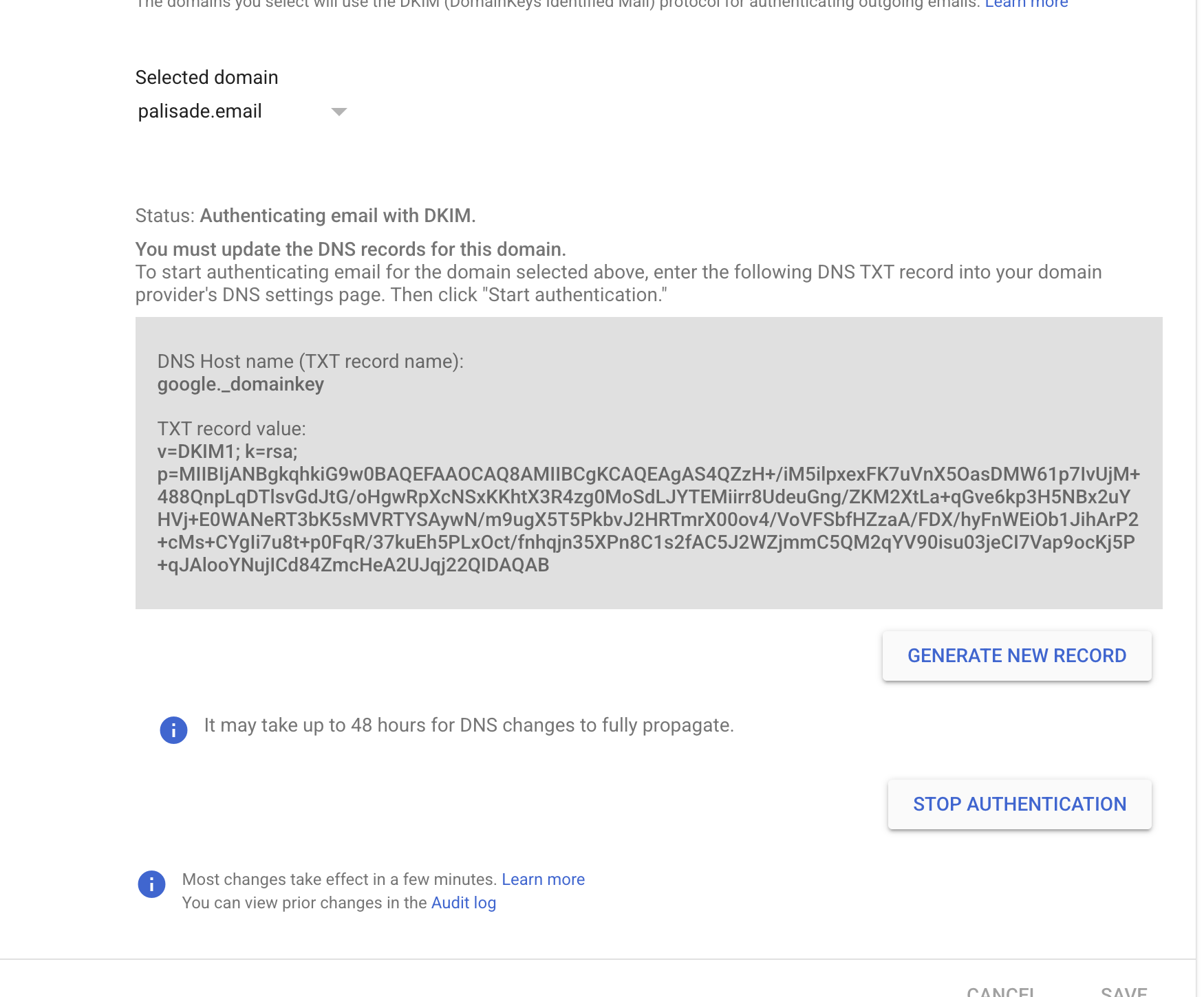 Google Workspace DKIM controls showing the Authenticate email configuration context