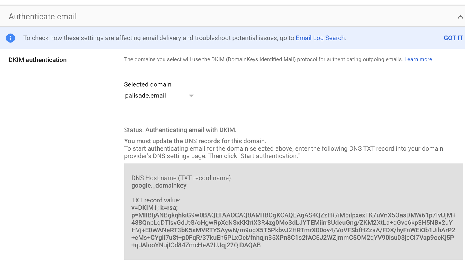 Google Workspace DKIM record fields showing the DNS host and TXT value area