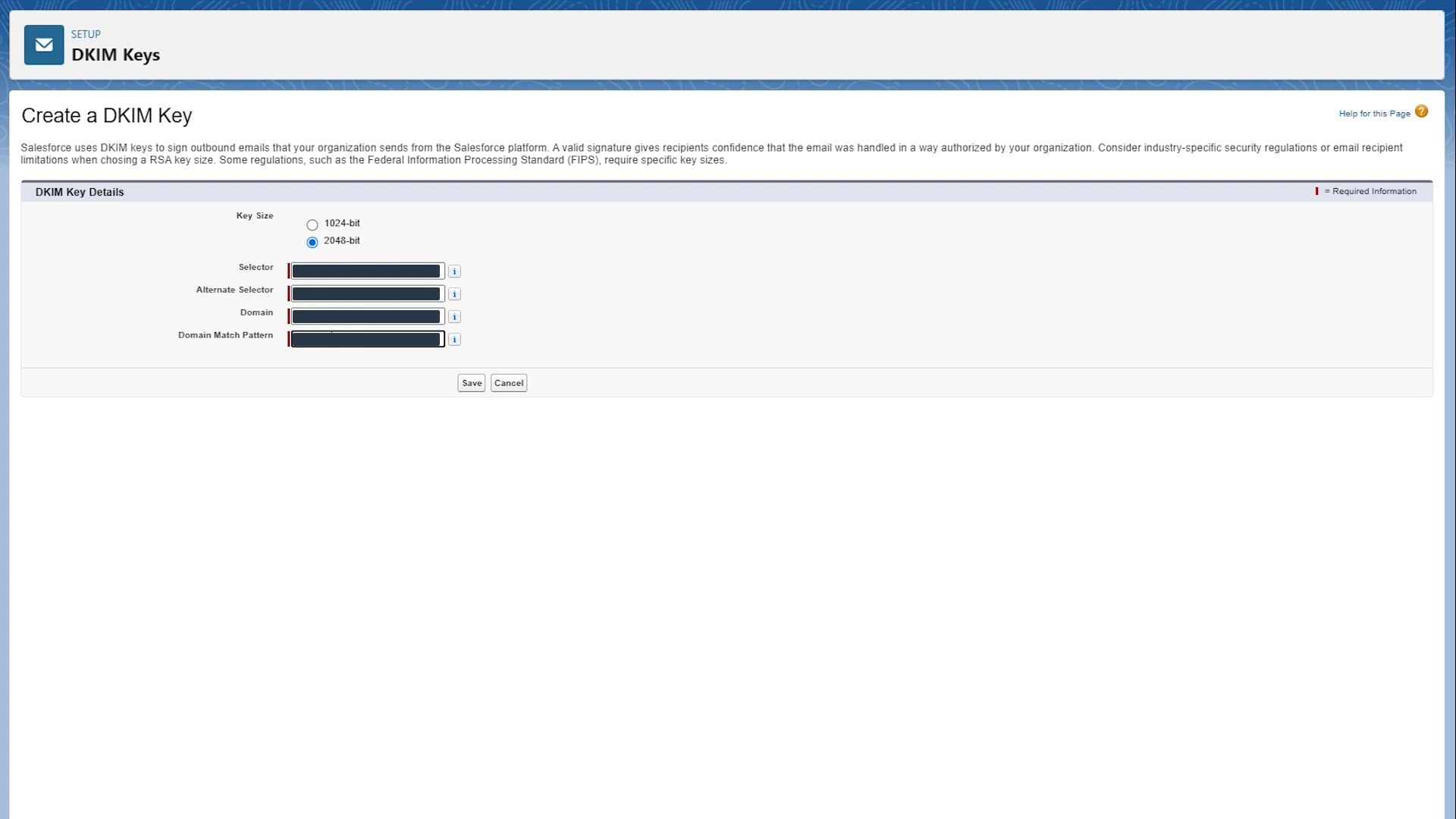 Salesforce Create a DKIM Key form showing 1024-bit and 2048-bit options plus Selector, Alternate Selector, Domain, and Domain Match Pattern fields, with demo values redacted.