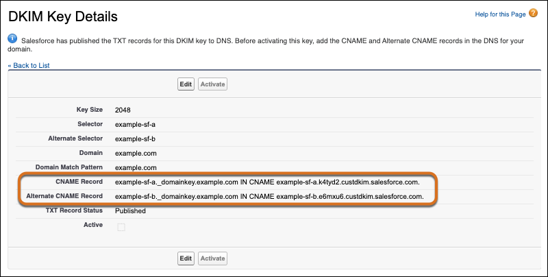 Salesforce DKIM Key Details page showing example primary and alternate CNAME records, Published TXT Record Status, and an inactive key.