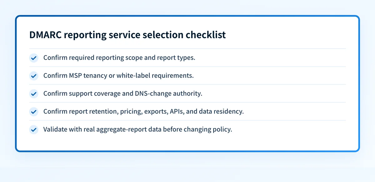 DMARC reporting service selection checklist covering reporting scope, tenancy, support, retention, pricing, and DNS controls