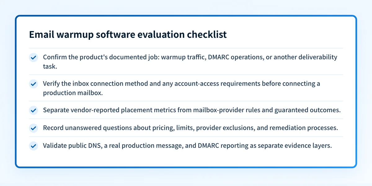 Decision checklist for evaluating email warmup software claims, account access, measurement scope, and unresolved vendor questions