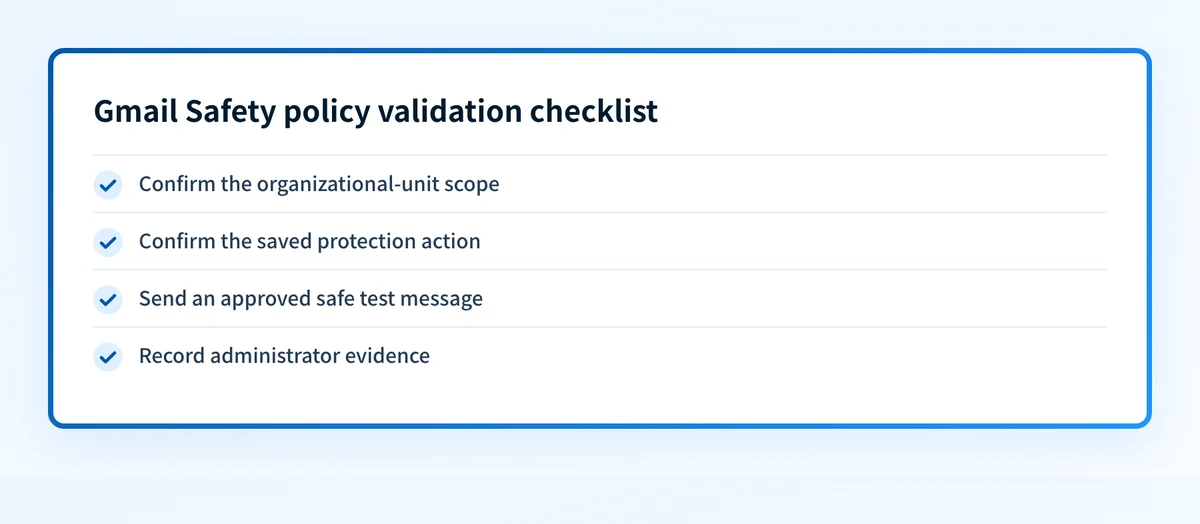Gmail Safety policy validation checklist for scope, saved action, test message, and administrator evidence