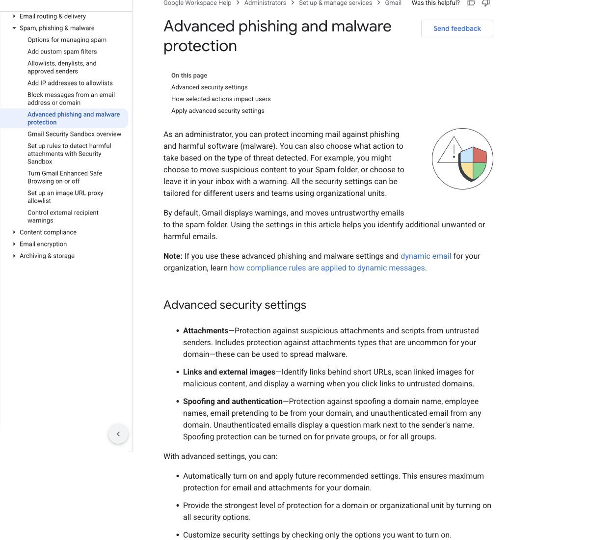 Google Workspace Help showing the Advanced phishing and malware protection guide and its protection categories