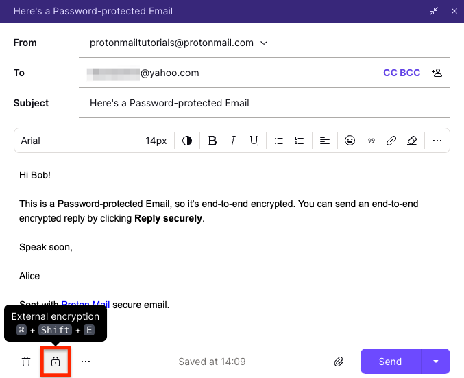 Proton Mail compose window with the External encryption control highlighted.