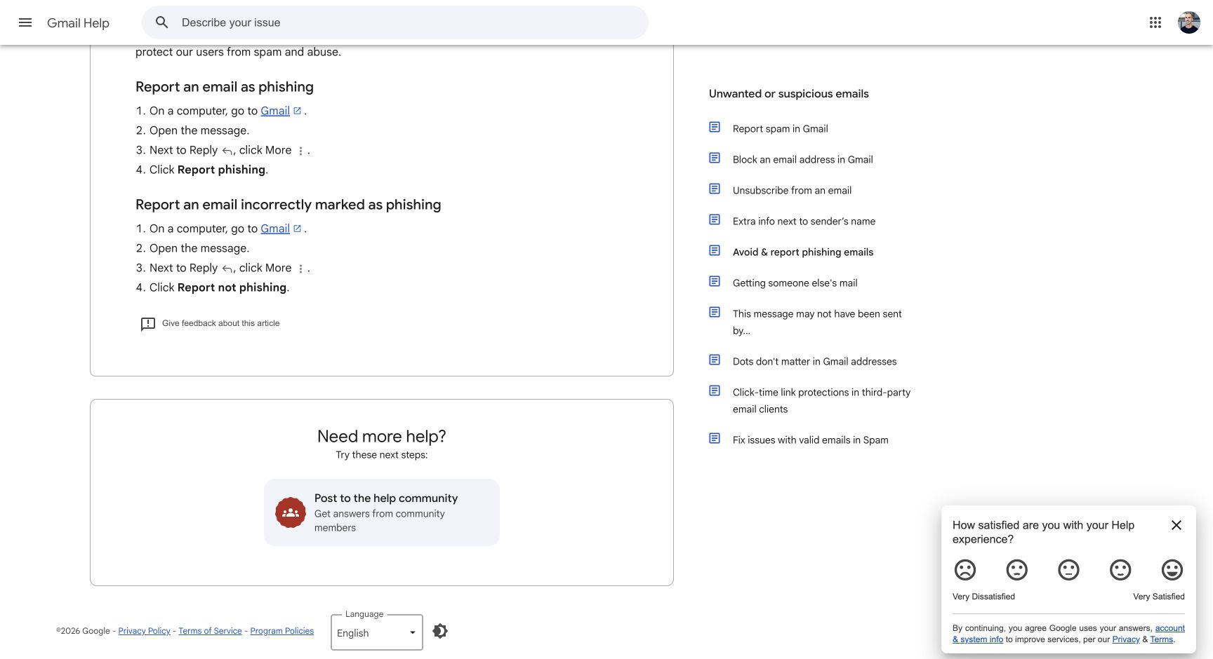 Official Gmail Help instructions showing More and Report phishing in the computer workflow