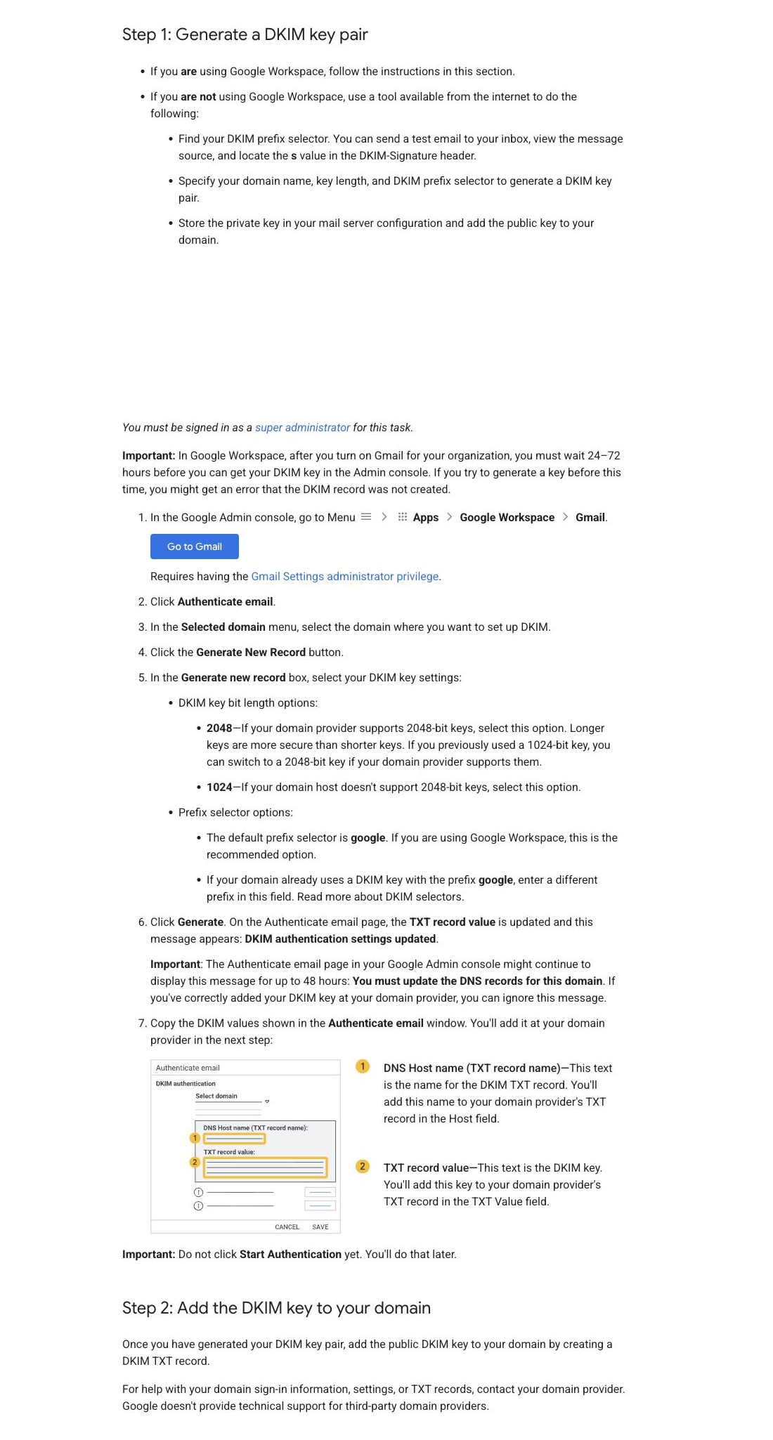 Google documentation showing the Admin console DKIM generate-record workflow and account-specific record fields