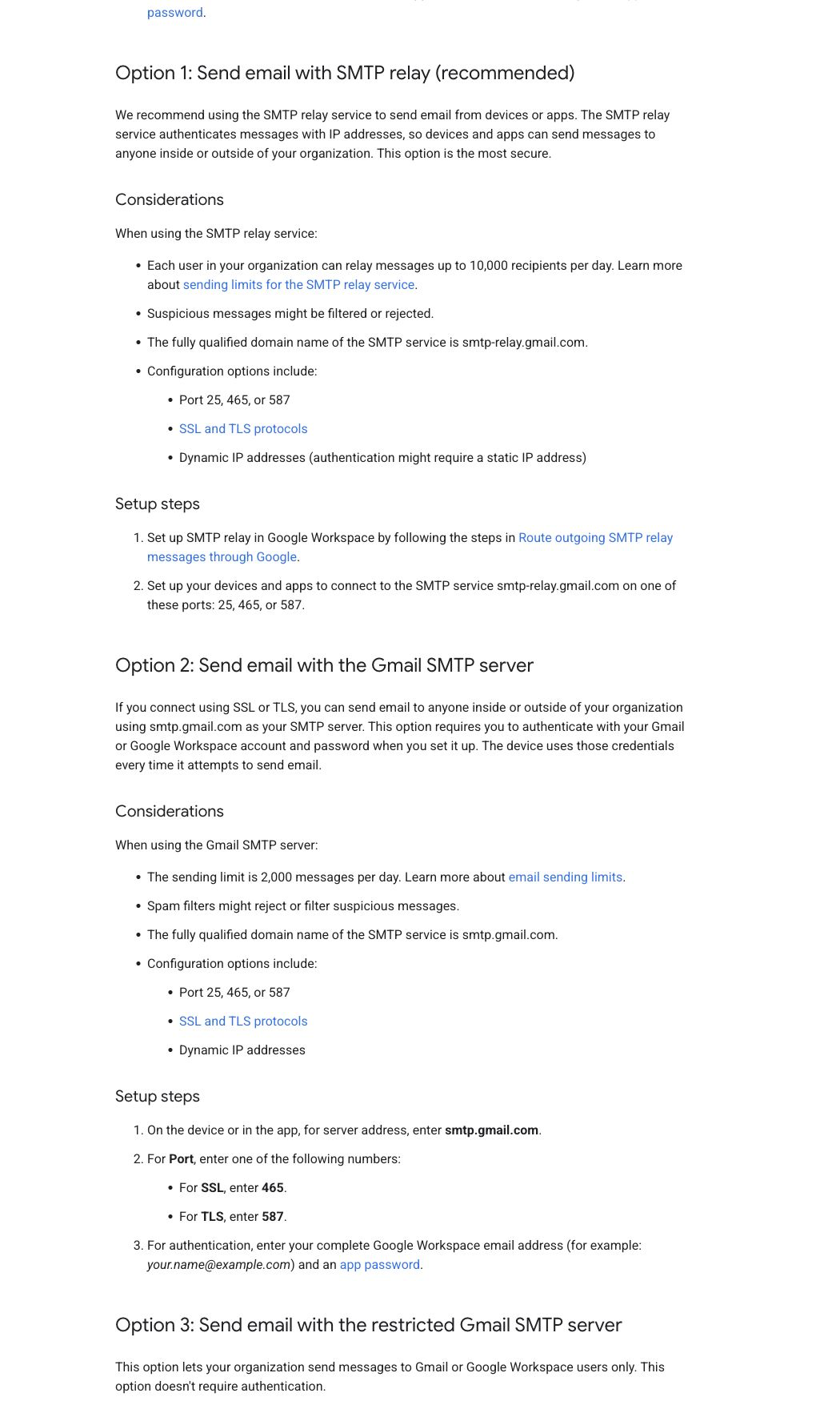 Official Google documentation comparing SMTP relay, Gmail SMTP server, and restricted Gmail SMTP server settings
