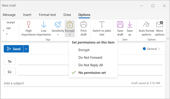 Outlook compose window showing the Encrypt menu used to choose a message protection option