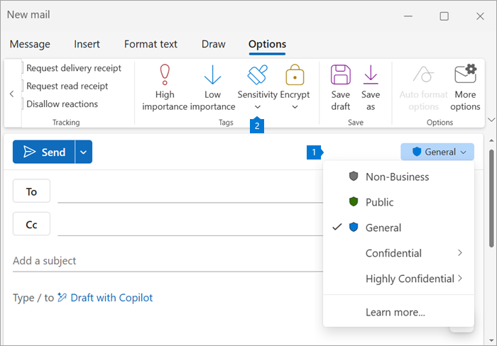 Outlook compose window showing the Sensitivity control and available label choices