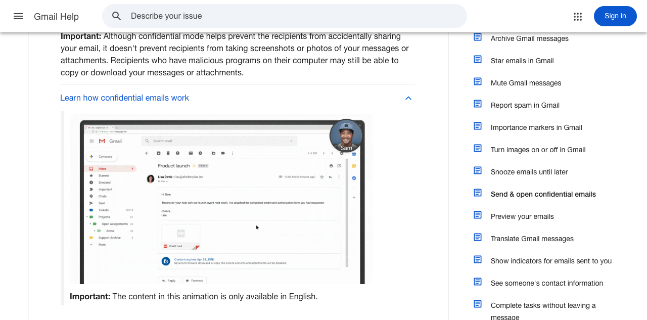 Google Gmail Help example showing a Confidential mode expiration notice in the compose interface