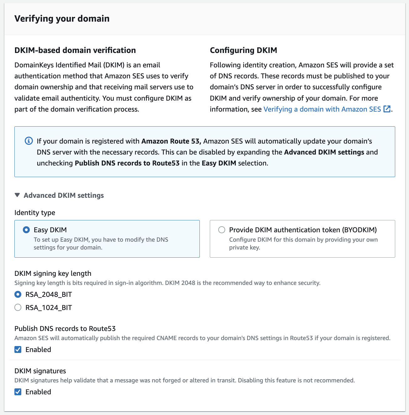Amazon SES identity creation screen showing the Easy DKIM selection and key-length options
