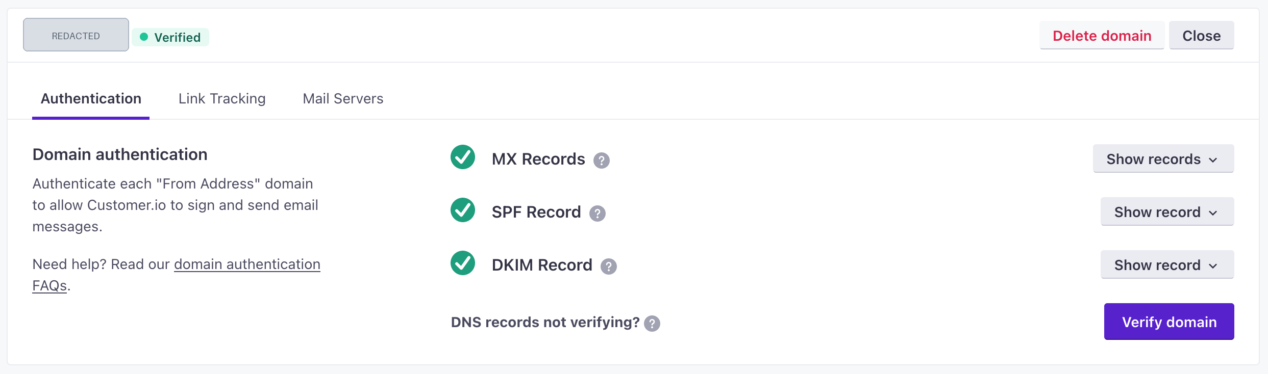 Customer.io verified-domain view with successful MX, SPF, and DKIM record checks.