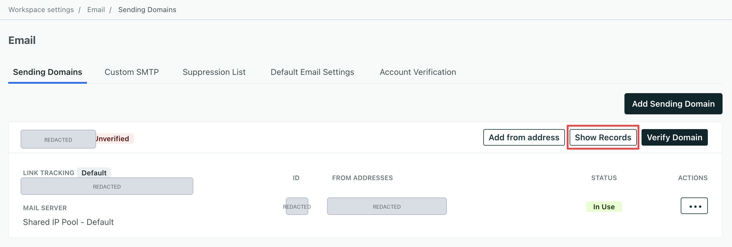 Customer.io Sending Domains page with the Add Sending Domain and Verify Domain controls visible.