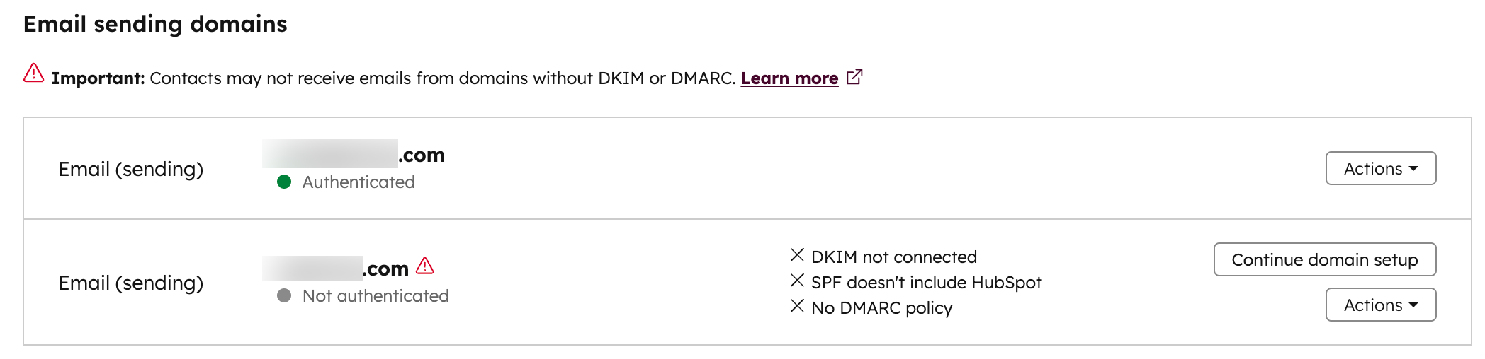HubSpot email sending domains status list showing authentication state and record diagnostics