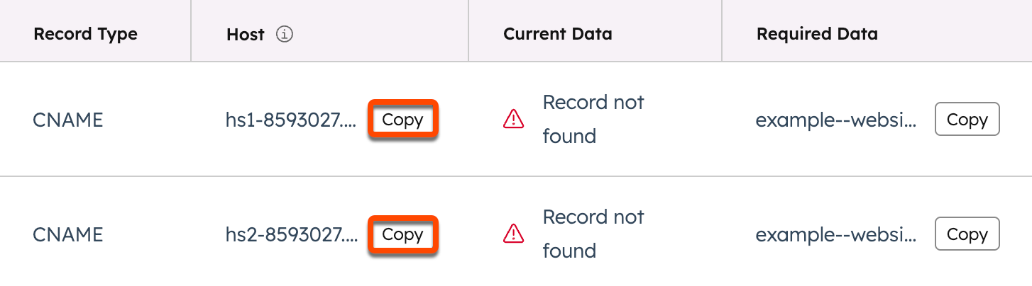 HubSpot DNS verification table showing two distinct account-generated DKIM CNAME rows