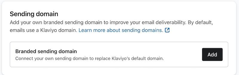 Klaviyo account setting showing the control to enable a branded sending domain