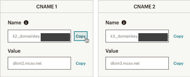Mailchimp manual authentication instructions showing the two DKIM CNAME rows, with the example domain redacted.