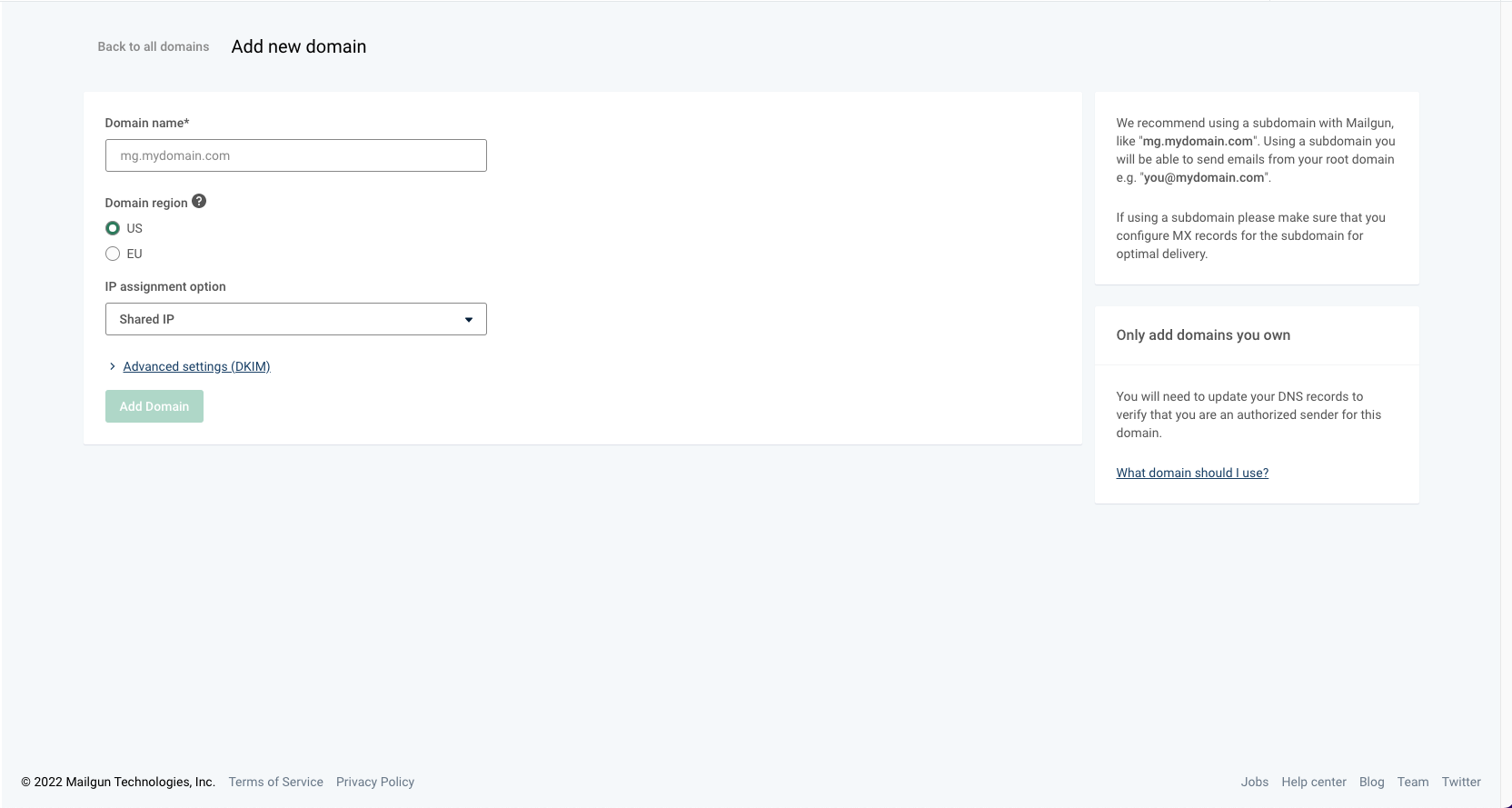 Mailgun Add new domain form with region, IP assignment, and Advanced settings for DKIM.