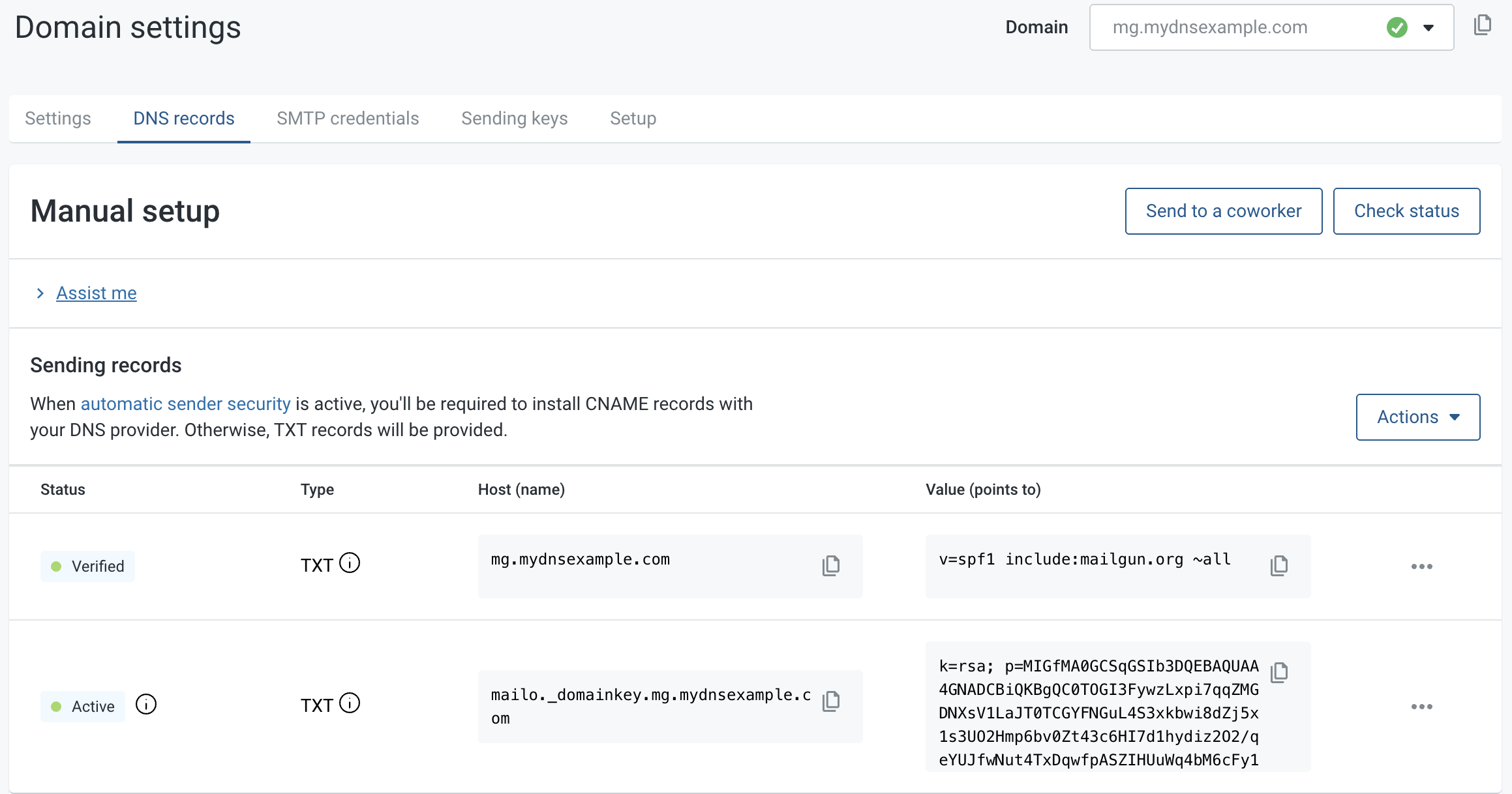 Mailgun Domain settings DNS records tab with verified SPF and active DKIM rows.