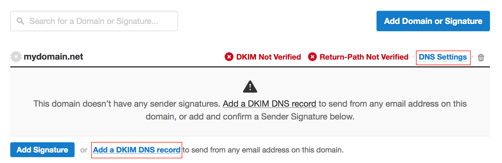 Postmark sender-signature screen with the Add DKIM control.