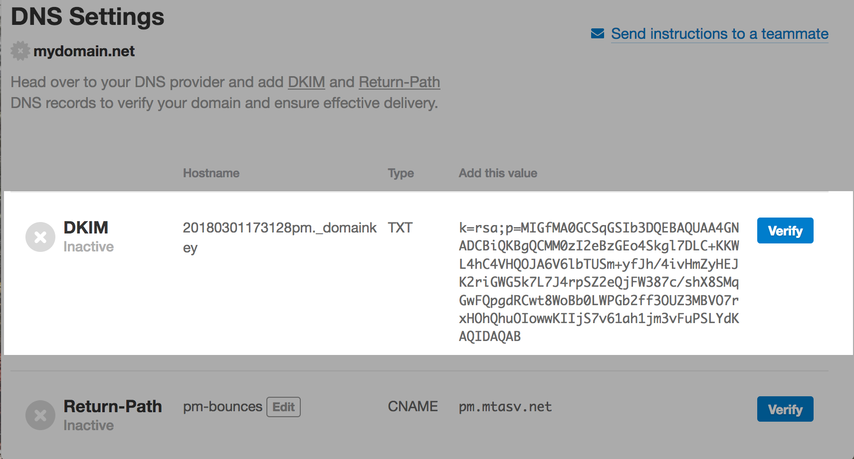 Postmark DKIM DNS settings in an Inactive state with host and value fields.