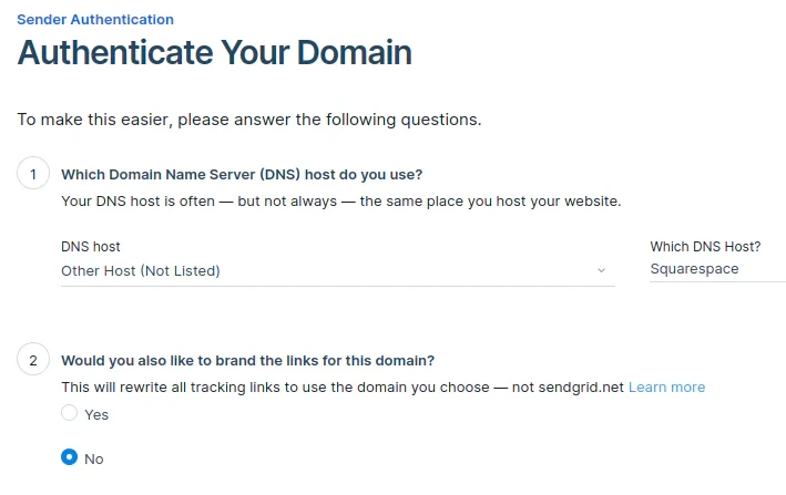 SendGrid domain authentication screen showing DNS host selection and setup choices