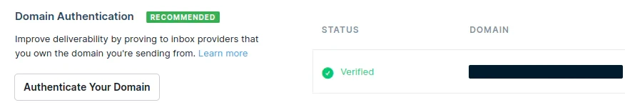 SendGrid Domain Authentication panel showing a verified domain status