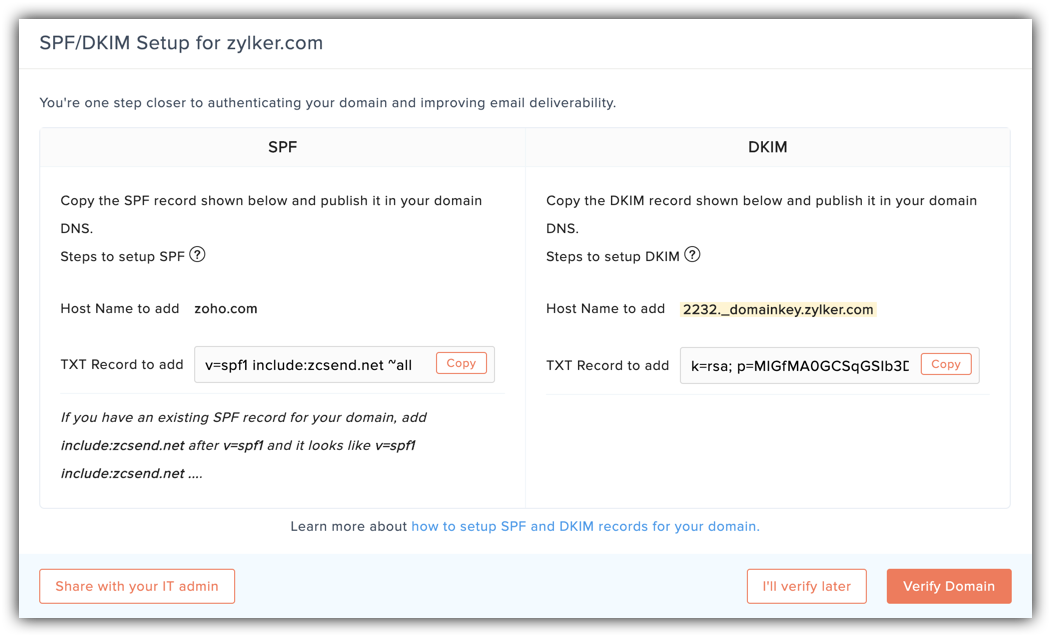 Zoho Campaigns domain authentication screen showing SPF and DKIM setup controls