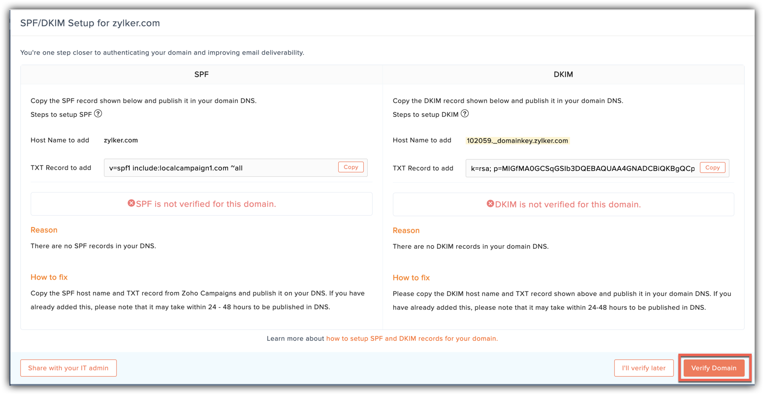 Zoho Campaigns domain authentication view showing SPF and DKIM verification status
