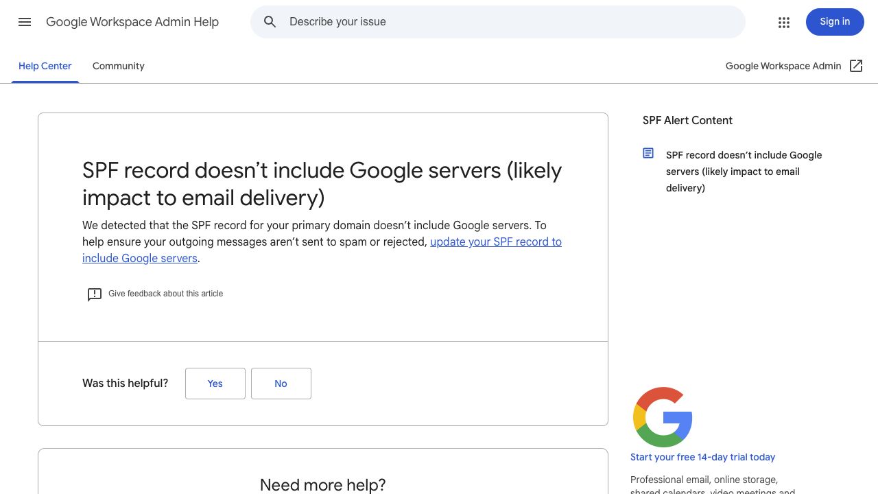 Google Workspace Admin Help showing Google's published SPF alert when a primary-domain record does not include Google servers